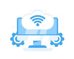 Illustration of monitor, gears, cloud storage symbols and wi-fi in flat style. vector