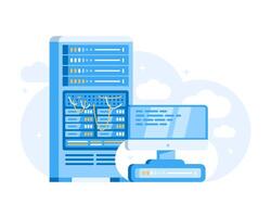 Illustration of server, monitor screen and cloud storage symbol in flat style. vector