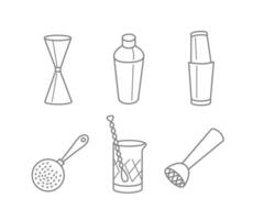 Set of bar tools icons for making cocktails, Mixing Glass, Bar Spoon, Shaker, Strainer, Jigger, Muddler in line style. vector