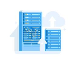 Illustration of different servers and cloud storage upload symbol in flat style. vector