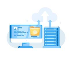 Illustration of system folder on monitor screen, server and cloud storage symbol in flat style. vector