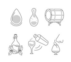 Set of alcoholic beverage production process icons, water drop, yeast cell, distillation and barrel aging, herbal infusion, mixing in cocktail, tasting in line style. vector