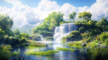 Serene landscape with cascading waterfalls amidst lush greenery and tranquil waters photo