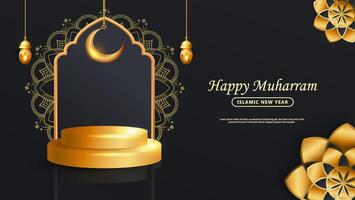 3D Product Display Podium with an Eid Mubarak Sale Theme, Showcasing Realistic Islamic Lanterns and a Crescent Moon. vector