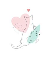 Cat contour silhouette with abstract leaves and hearts on white background. Contemporary art poster, card or print design with feline illustration vector