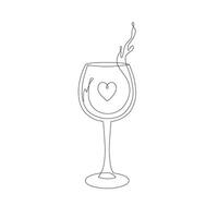 One line wineglass drawing with beverage and small heart. Line art illustration for print, card, poster and more. Contour of glass isolated on white background vector