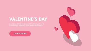 Banner design for Valentine's Day with isometric red, white and pink hearts on pink background. Learn more button for web vector