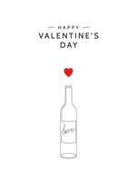 Single line bottle illustration with word Love on the lable. Valentine's Day greeting card design in minimalist style with line art and red heart vector