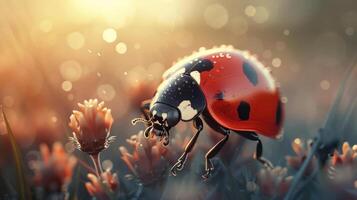 A ladybug is depicted in a grassy field, showcasing its distinctive red and black coloration. photo