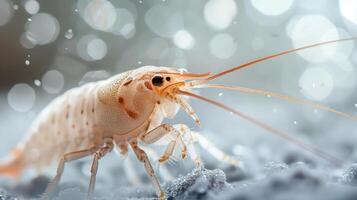 A close-up photograph of a shrimp with long antennae and a distinctive shell photo