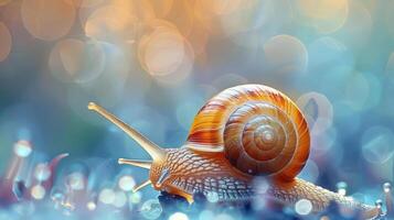 A snail with a brown shell and long antennae is shown moving through a blue background photo