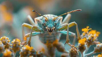 A close-up photograph of a bug, possibly an insect or arachnid, with intricate details and textures visible on its body. photo