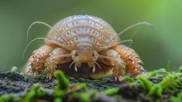 an extreme close-up image of a mite. The mite appears to be a type of dust mite, which are common household pests that feed on human skin cells and other organic matter. photo