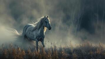 A majestic white horse with flowing mane and tail is captured in motion as it runs through a lush green field, its muscles rippling beneath its coat, creating a sense of dynamic energy and freedom. photo