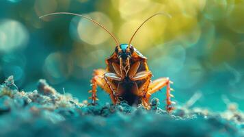 A close-up image of a cockroach on the ground, showcasing its distinctive features and habitat. photo