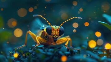 Close-up photograph of a firefly with its compound eyes and antennae prominent, set against a blurred background of greenery. photo