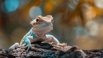 A close-up photograph of a bearded dragon lizard with vibrant orange and white markings on its face, perched on top of a wooden log with blurred background. photo