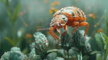 A close-up view of a bug on top of cactus flowers photo