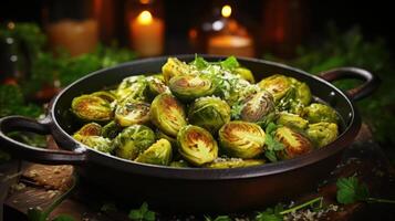 A pan of Brussels sprouts is a delicious and easy-to-make side dish that can be enjoyed by people of all ages. photo