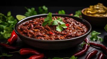 A bowl of chili with a garnish of cilantro and red peppers photo