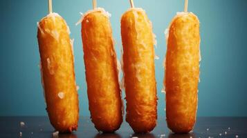 Five golden brown corn dogs with melted cheese on top and a side of ketchup and mustard. photo