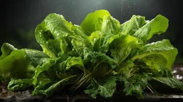 A close-up photograph of a head of lettuce with water droplets on its leaves, set against a dark background. photo