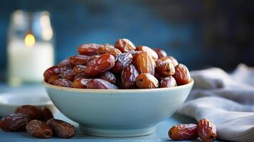 A bowl of dates with a few scattered on the table, likely used for food or dessert. photo
