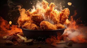 A bowl of fried chicken is engulfed in flames and smoke, with pieces flying out of it. photo
