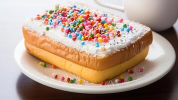 A slice of white bread topped with a layer of butter and sprinkled with colorful candy sprinkles. photo