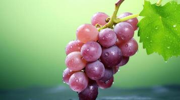 A bunch of red grapes with water droplets and a green leaf photo