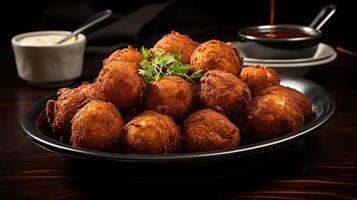 A plate of fried food balls with green garnish on top, accompanied by a bowl of dipping sauce and other dishes in the background. photo