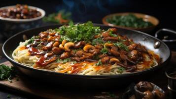 A large pan of noodles topped with a savory sauce and garnished with herbs. photo