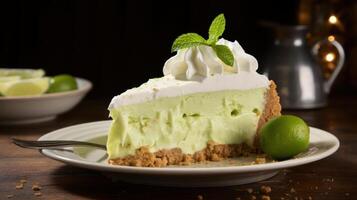 A slice of key lime pie on a white plate with a fork resting on it. The pie is garnished with whipped cream and a sprinkle of lime zest. photo