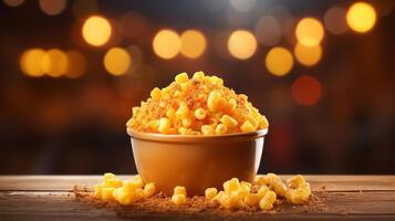 A bowl of macaroni and cheese sits on a wooden table, with a string of lights hanging above it. The background is dark, but the lights provide enough illumination to show off the creamy pasta. photo