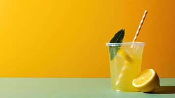 A glass of lemonade with a straw and a slice of lemon on the side. photo