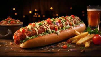 A hot dog topped with various toppings and served on a bun. photo
