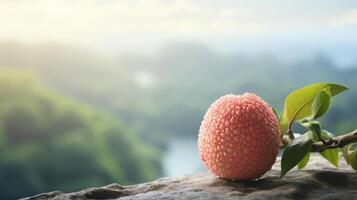 A lychee fruit on a tree branch with green leaves and a blurred background of trees and sky. photo