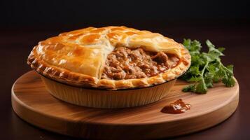 a photo of a pie with a golden-brown crust and a filling that appears to be savory.
