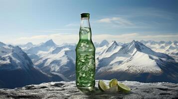 A glass bottle of green soda with ice and lime wedges on a rocky surface overlooking snow-capped mountains. photo