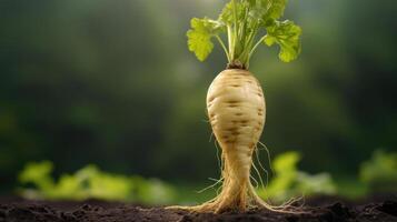 A close-up view of a white radish with its leaves sprouting from the top and roots extending downward into dark brown soil. photo