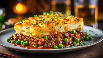 A Shepherd's pie is a traditional British dish consisting of a layer of cooked minced meat and vegetables topped with a layer of mashed potatoes, baked until golden brown. photo