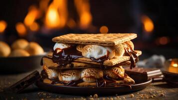 A delicious and gooey s'more with melted chocolate and toasted marshmallows sandwiched between two graham crackers. photo