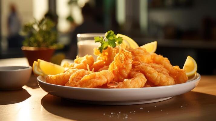A plate of shrimp, garnished with lemon wedges and parsley