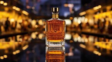 A bottle of whiskey on a reflective surface, likely in a bar or restaurant setting. photo