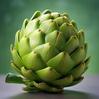 A close-up photograph of an artichoke with green leaves and a light brown stem photo