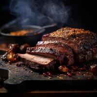 A close-up shot of a sliced beef brisket on a wooden cutting board, garnished with fresh herbs and spices photo