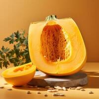 A halved spaghetti squash with its seeds and pulp removed, revealing a hollow cavity lined with thin strands of flesh that resemble cooked spaghetti. photo