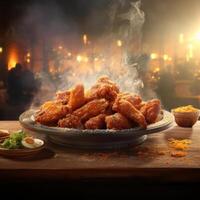 A large plate of crispy buffalo wings sits on a table, garnished with herbs and spices. photo