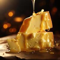 A close-up photograph of two pieces of cheese stacked on top of each other, with a drizzle of golden honey flowing down the sides and pooling at the bottom. photo