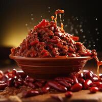 A bowl of chili con carne with beans and tomatoes photo